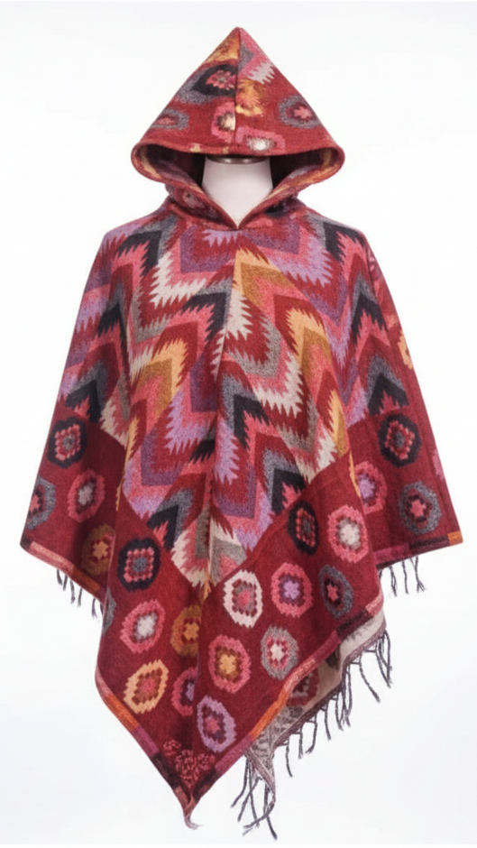 Hooded poncho with geometric pattern on a white background