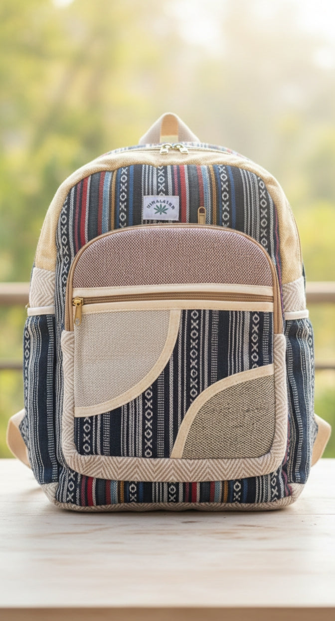 Handmade Boho Hemp Striped Backpack – Multi-Zip Design