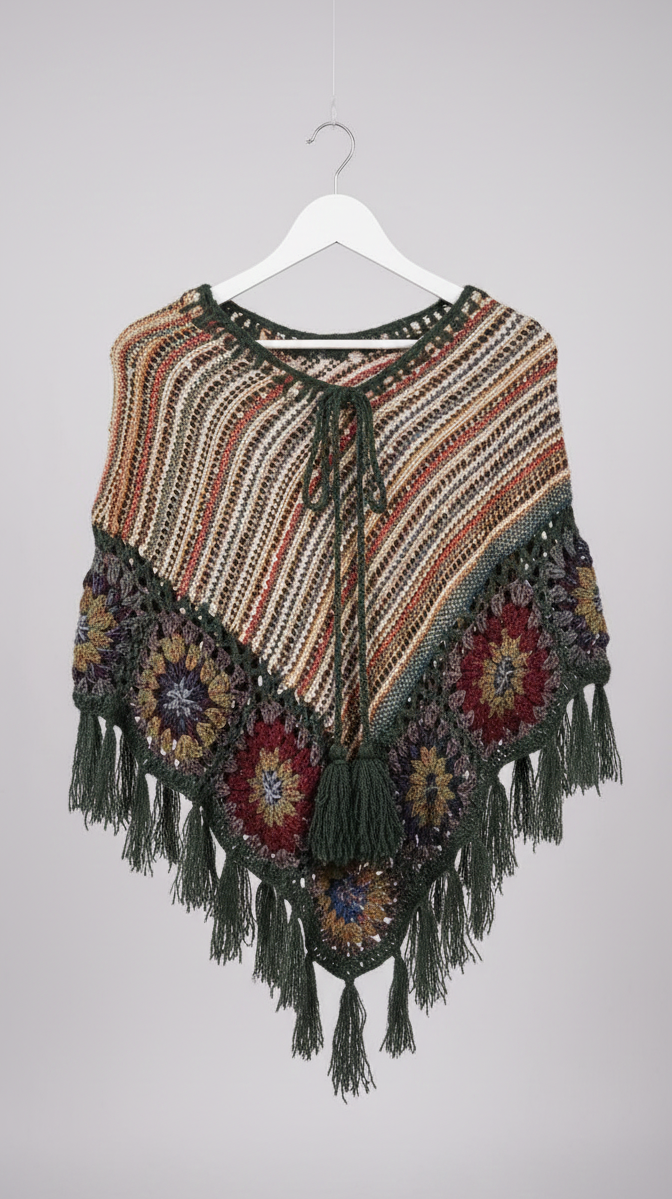 Hand-Knit Multicolour Granny Square Poncho