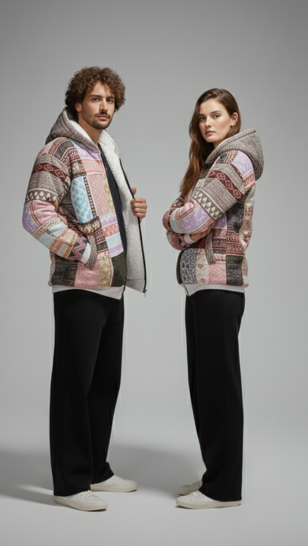 Unisex Patchwork Fleece Hoodie | Multicolor Winter Zip-Up Jacket (patchwork can be similar but not same as shown in picture)