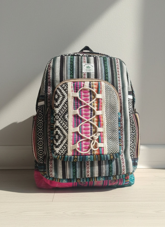 Handmade Tribal Weave Boho Backpack – Multi-Color Handcrafted Travel Pack