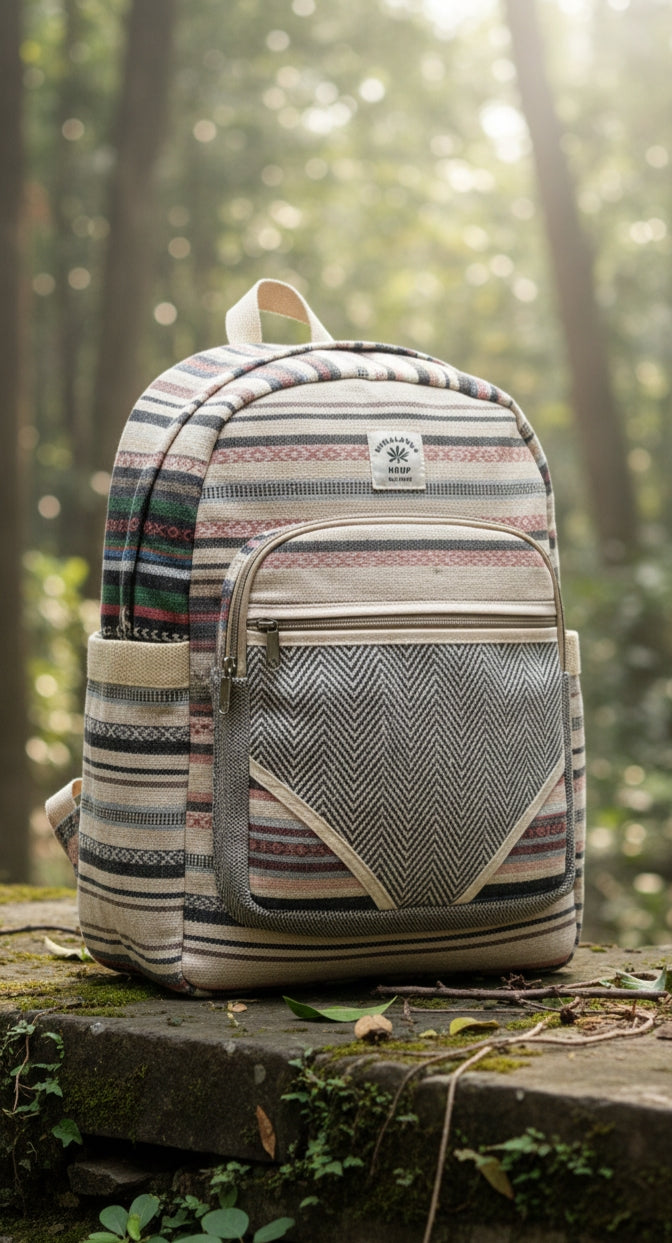 Handmade Boho Hemp Striped Backpack – Multi-Zip Design