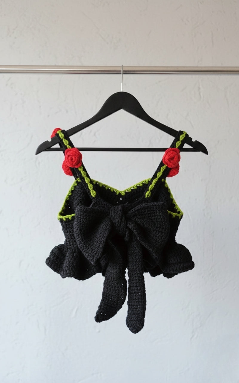 Bloom in Black Crochet Rose Top