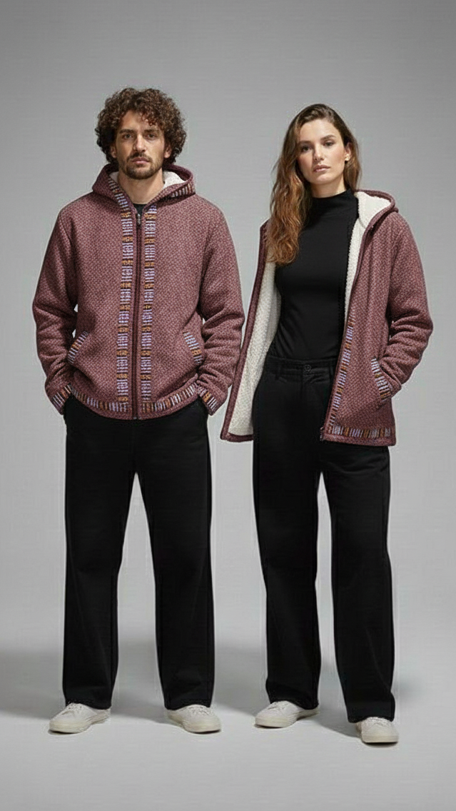 Unisex - Handmade Winter Fleece-Lined Knitted Hoodie | Warm Zip-Up Jacket