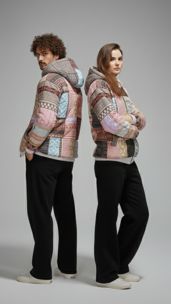 Unisex Patchwork Fleece Hoodie | Multicolor Winter Zip-Up Jacket (patchwork can be similar but not same as shown in picture)