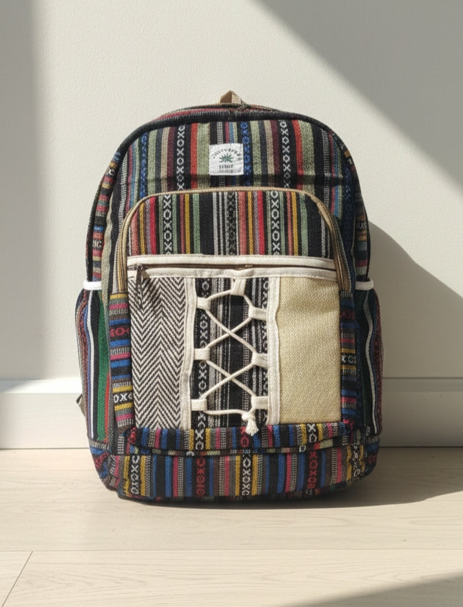 Handmade Boho Hemp Striped Backpack – Multi-Zip Design