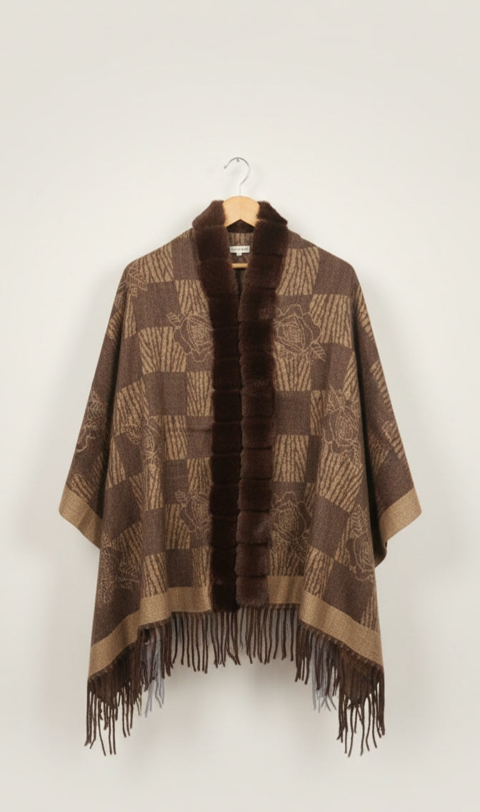 Brown faux fur trim cape shawl