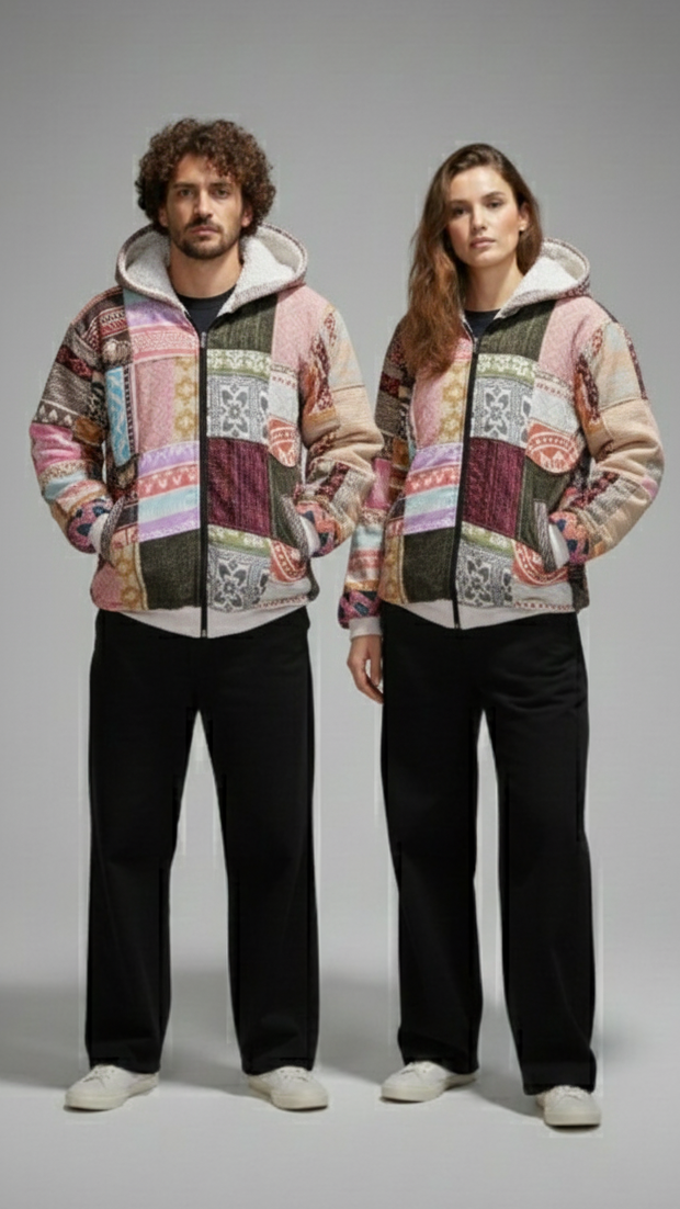Unisex Patchwork Fleece Hoodie | Multicolor Winter Zip-Up Jacket (patchwork can be similar but not same as shown in picture)