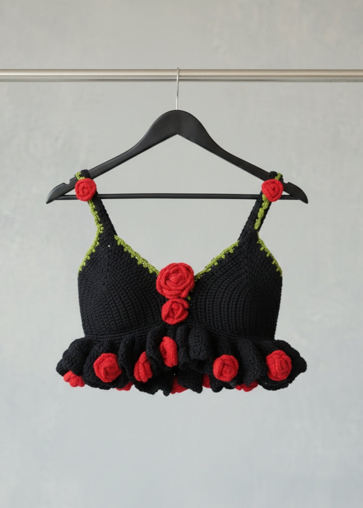 Bloom in Black Crochet Rose Top