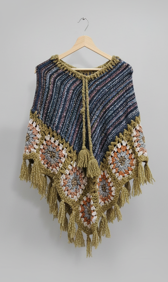 Hand-Knit Multicolour Granny Square Poncho