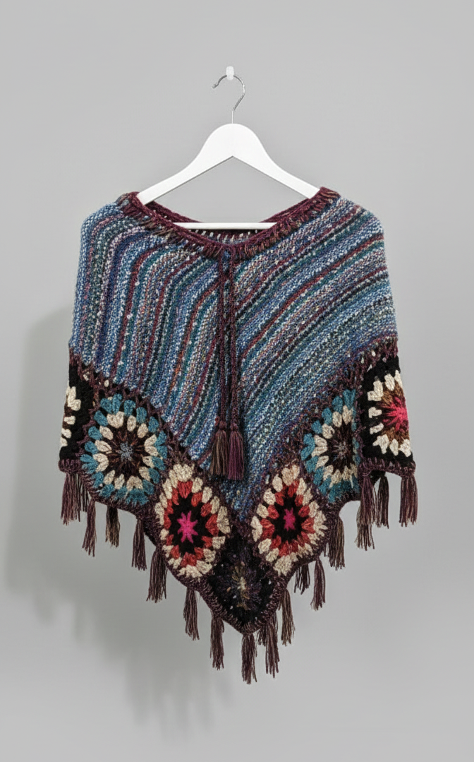 Hand-Knit Multicolour Granny Square Poncho