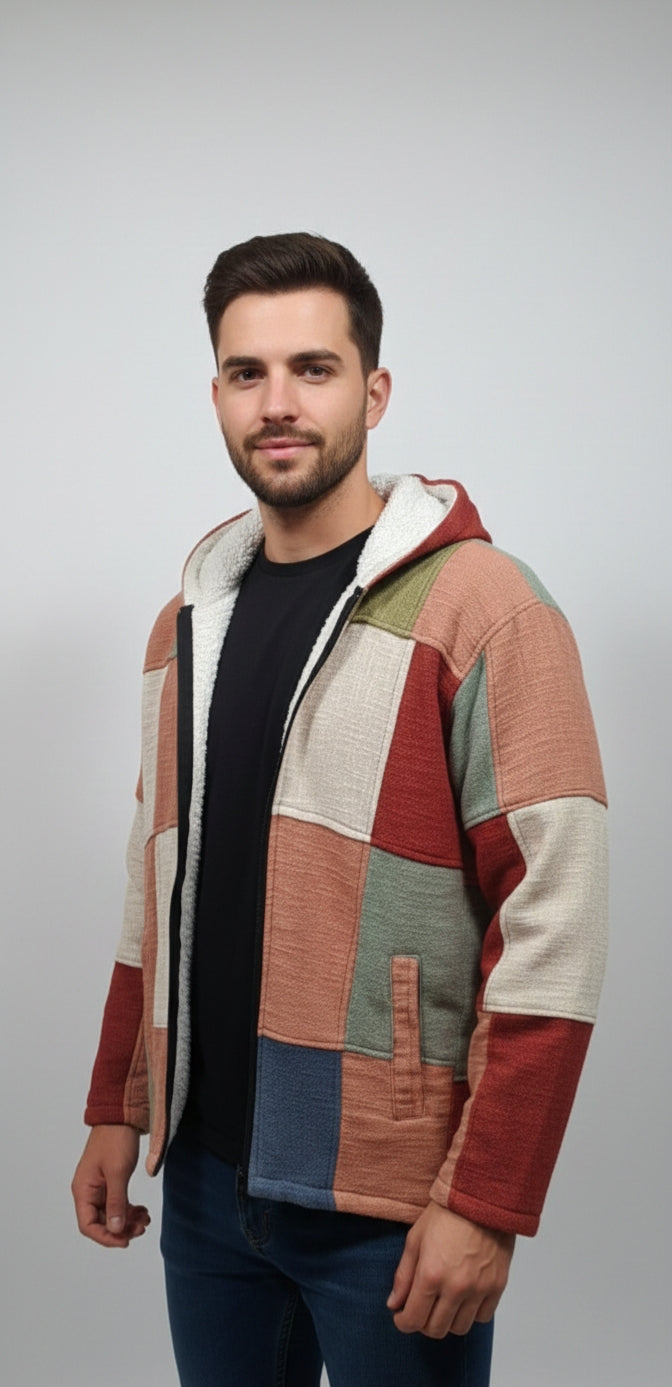 Unisex - EarthTone Patchwork Fleece Jacket ( patchwork can be similar but not same as shown in the picture)