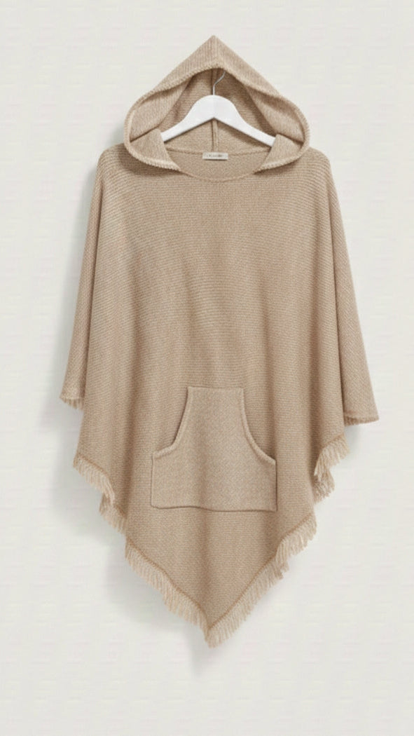 Unisex Soft Beige Knitted Poncho Cape with Hood | Stylish Winter Layer for Everyday Wear