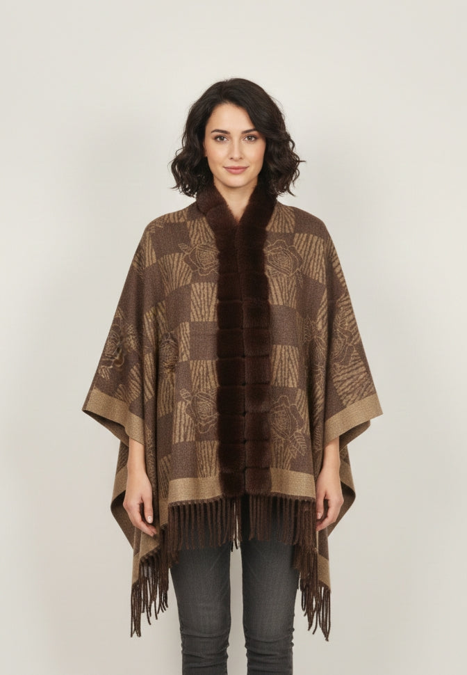 Brown faux fur trim cape shawl