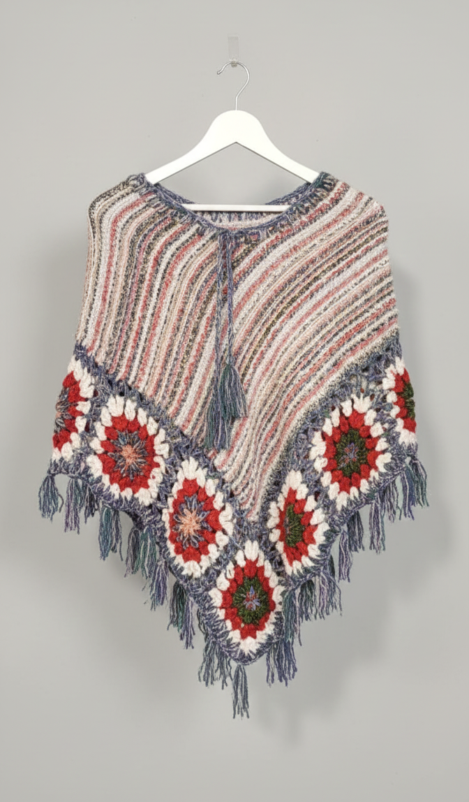 Hand-Knit Multicolour Granny Square Poncho