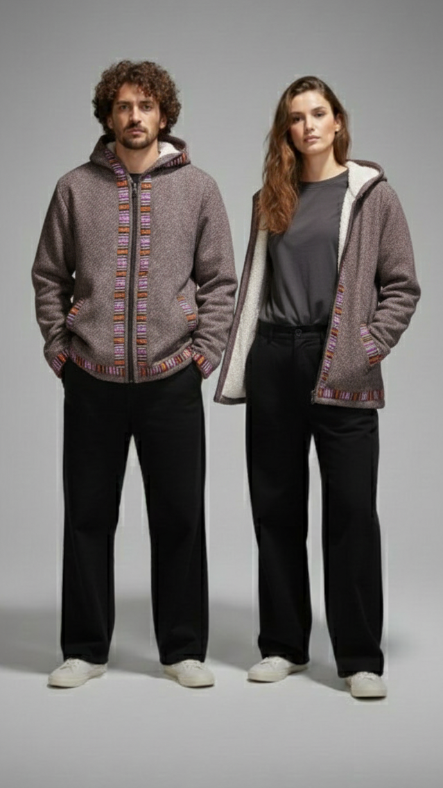 Unisex - Handmade Winter Fleece-Lined Knitted Hoodie | Warm Zip-Up Jacket